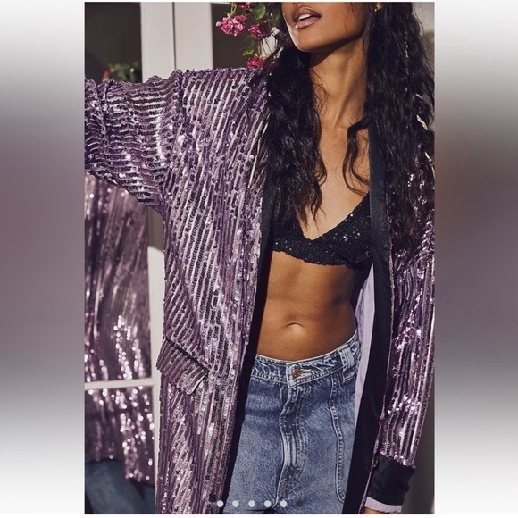 FREE PEOPLE Ella Sequin Duster Small Purple Black Relaxed Longline Dressy Party - Picture 3 of 16